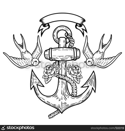 Anchor with swallows and roses. Tattoo design. Vector illustration