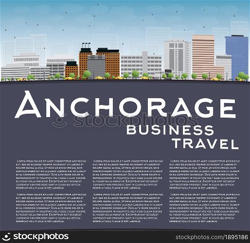 Anchorage (Alaska) Skyline with Grey Buildings, Blue Sky and copy space. Business travel concept. Vector Illustration