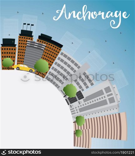 Anchorage (Alaska) Skyline with Grey Buildings, Blue Sky and copy space. Vector illustration
