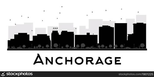 Anchorage City skyline black and white silhouette. Vector illustration. Simple flat concept for tourism presentation, banner, placard or web site. Business travel concept. Cityscape with famous landmarks