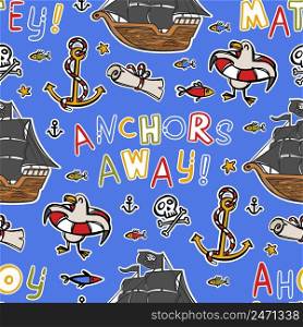 ANCHORS AWAY Pirate Cartoon Seamless Pattern Vector Print