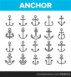 Anchors, Ship Equipment Vector Linear Icons Set. Vessel Old Anchor, Sailing Outline Symbols Pack. Cruise, Marine Shipping And Transportation. Nautical, Maritime Isolated Contour Illustrations. Anchors, Ship Equipment Vector Linear Icons Set