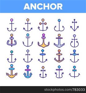 Anchors, Ship Equipment Vector Linear Icons Set. Vessel Old Anchor, Sailing Outline Symbols Pack. Cruise, Marine Shipping And Transportation. Nautical, Maritime Isolated Contour Illustrations. Anchors, Ship Equipment Vector Linear Icons Set