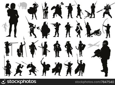 Ancient and modern warriors and soldiers high detailed silhouettes set. Vector