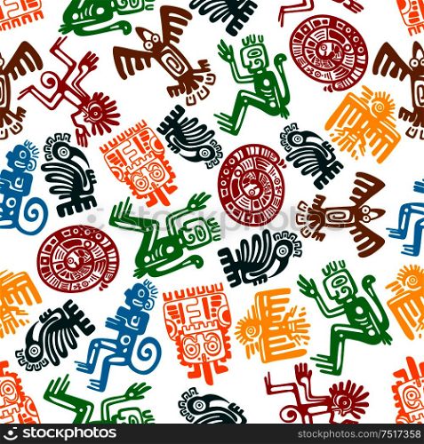 Ancient animal and bird totems of maya or aztec background with colorful seamless pattern of monkeys and snakes, gorillas and eagles, owls and ravens. May be use as antique religion, culture or history design. Seamless mayan and aztec pattern of animal totems