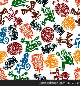 Ancient animal and bird totems of maya or aztec background with colorful seamless pattern of monkeys and snakes, gorillas and eagles, owls and ravens. May be use as antique religion, culture or history design. Seamless mayan and aztec pattern of animal totems