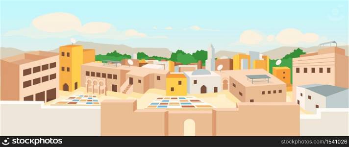 Ancient arab city flat color vector illustration. Traditional arabic buildings panorama. Touristic landmarks of Africa. Medina 2D cartoon landscape with sky scape on background. Ancient arab city flat color vector illustration