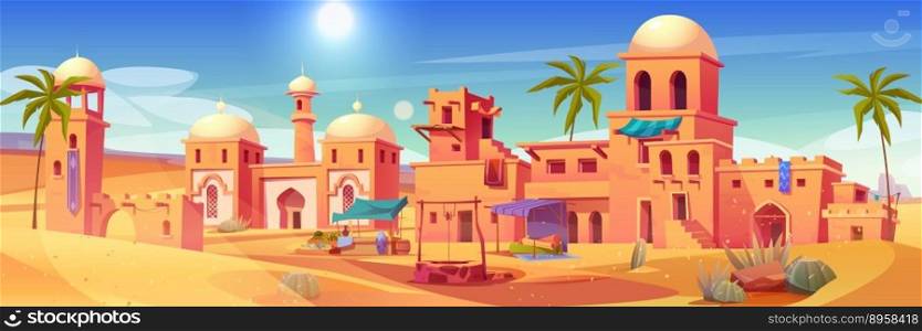 Ancient arab city with market and palace in desert. Vector cartoon illustration of sandy area with traditional yellow houses, antique castle, islamic mosque buildings, palms. Travel game background. Ancient arab city with market and palace in desert