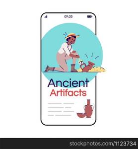 Ancient artifacts social media posts smartphone app screen. Mobile phone displays with cartoon characters design mockup. Ancient history. Archeology excavations application telephone interface