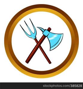 Ancient axe and trident vector icon in golden circle, cartoon style isolated on white background. Ancient axe and trident vector icon, cartoon style