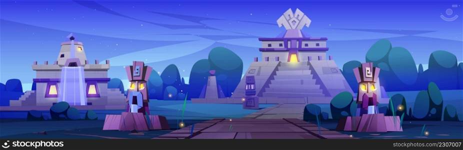 Ancient aztec village with temple, statues and stone buildings at night. Vector cartoon illustration of summer landscape with tropical forest and pyramid of mesoamerican mayan civilization. Aztec village with temple and statues at night