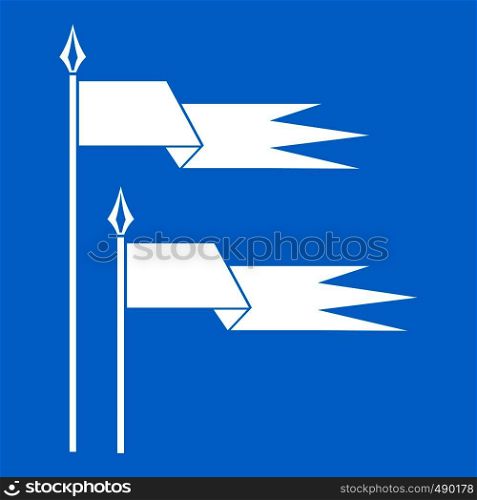 Ancient battle flags icon white isolated on blue background vector illustration. Ancient battle flags icon white