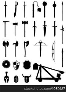 ancient battle weapons set icons stock black silhouette vector illustration isolated on white background