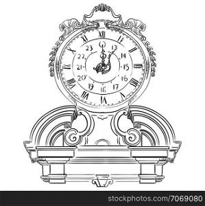 Ancient carving baroque clock, vector hand drawing illustration in black color isolated on white background