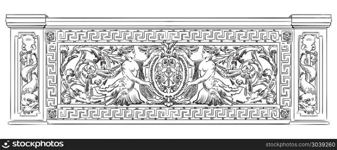 Ancient carving botanical and marine vignette with mermaids from Liteyny bridge in St. Petersburg, vector hand drawing illustration in black color isolated on white background. Vector old lattice-marine theme