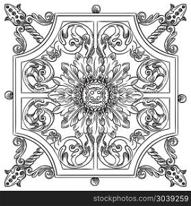 Ancient carving botanical vignette from Moscow metro, vector hand drawing illustration in black color isolated on white background. Vector old botanical lattice