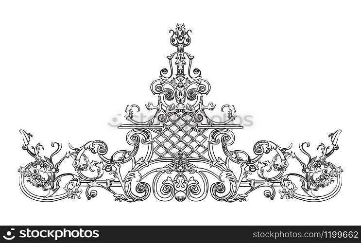 Ancient carving street iron relief with barocco elements, decorative element on gates vector hand drawing illustration in black color isolated on white background.