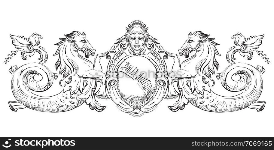 Ancient carving street stone bas-relief with seahorses, vector hand drawing illustration in black color isolated on white background.