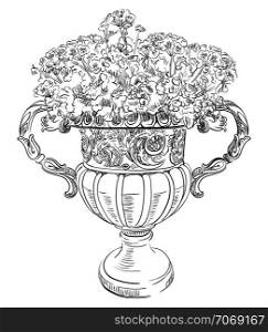 Ancient carving street vase with flowers vector hand drawing illustration in black color isolated on white background