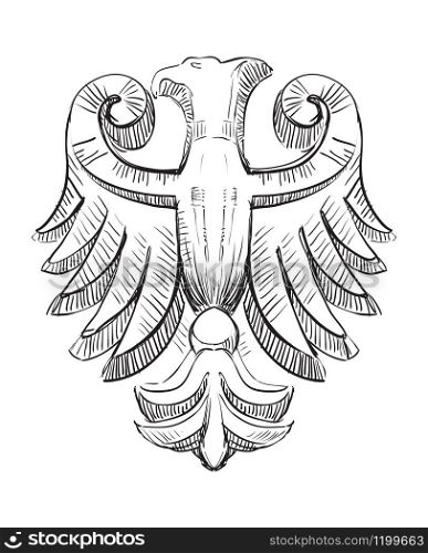 Ancient carving vignette from Italy. Bas sculpture og decorative stone eagle, vector hand drawing illustration in black color isolated on white background
