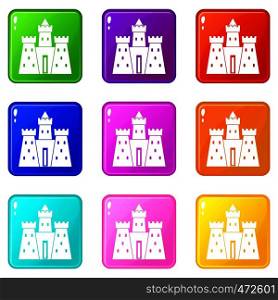 Ancient castle palace icons of 9 color set isolated vector illustration. Ancient castle palace icons 9 set