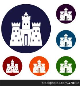 Ancient castle palace icons set in flat circle red, blue and green color for web. Ancient castle palace icons set