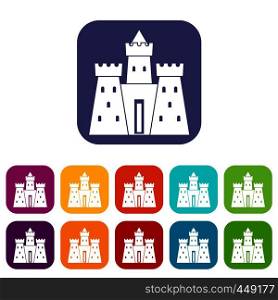 Ancient castle palace icons set vector illustration in flat style In colors red, blue, green and other. Ancient castle palace icons set flat