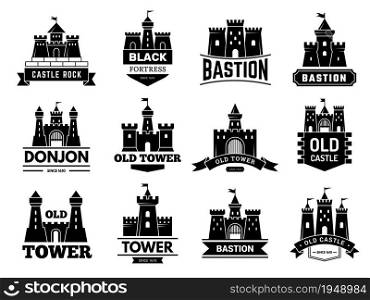 Ancient castles logo. Medieval fortress with towers vector badges or logotypes set. Illustration castle logotype, logo bastion collection. Ancient castles logo. Medieval fortress with towers vector badges or logotypes set