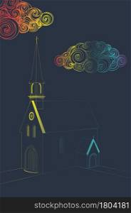 Ancient catholic church and clouds, line art illustration.