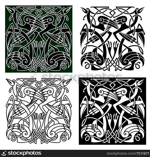 Ancient celtic birds symbols with tribal stylized herons or storks, decorated by traditional irish ornament. For tattoo or heraldry design. Heron birds with celtic ornament