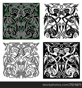 Ancient celtic birds symbols with tribal stylized herons or storks, decorated by traditional irish ornament. For tattoo or heraldry design. Heron birds with celtic ornament