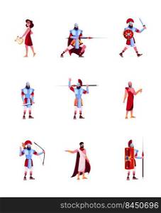 Ancient characters. Rome or greece warriors and writers medieval clothes gladiator legion soldiers garish vector flat characters isolated on white. Illustration of character gladiator and warrior. Ancient characters. Rome or greece warriors and writers medieval clothes gladiator legion soldiers garish vector flat characters isolated on white