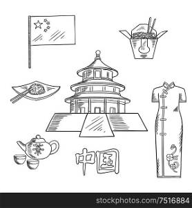 Ancient chinese Temple of Heaven sketch symbol for culture of China and travel concept with national flag, ceremony tea set, rice with chopsticks, takeaway box of noodles and traditional cheongsam dress. Travel to China sketch icon for tourism design