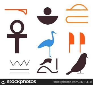 Ancient civilization language and means of communication. Isolated Egyptian hieroglyphs, bird crane and ankh cross, lines and waves. History and education, discoveries and adventures. Vector in flat. Egyptian hieroglyphs, ancient written language