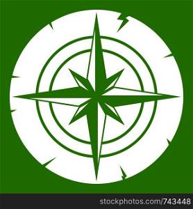 Ancient compass icon white isolated on green background. Vector illustration. Ancient compass icon green