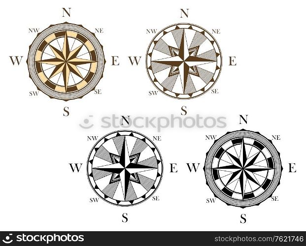 Ancient compass signs set isolated on white background for travel design