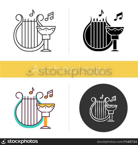 Ancient culture and life icon. Harp melody. Goblet for wine. Greek old artifacts. Historical items. Archeological discoveries. Flat design, linear and color styles. Isolated vector illustrations