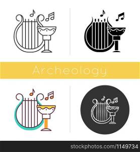 Ancient culture and life icon. Harp melody. Goblet for wine. Greek old artifacts. Historical items. Archeological discoveries. Flat design, linear and color styles. Isolated vector illustrations