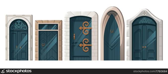 Ancient doors, cartoon medieval castle wooden entries with stone doorjambs. Fairytale palace vintage building architecture design with forged decoration and knobs, vector illustration, icons set. Ancient doors, cartoon medieval castle entries set