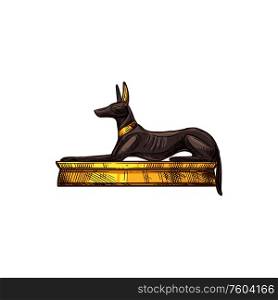 Ancient Egypt Anubis statue isolated black dog on golden monument. Vector Egyptian canid, god of death. Egypt God of death Anubis isolated black dog