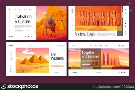 Ancient Egypt architecture, culture and history banners with pyramids and temples in sand desert. Vector set of landing pages with cartoon Egyptian landmarks and buildings. Ancient Egypt banners with pyramids and temples