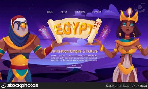 Ancient Egypt cartoon landing page with Egyptian god Horus and queen Cleopatra holding papyrus. Deities characters in pharaoh royal clothes, civilization, empire and culture learning Vector web banner. Ancient Egypt cartoon landing with Egyptian gods