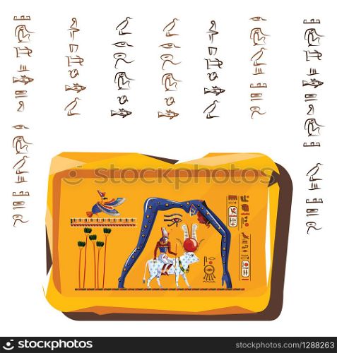 Ancient Egypt clay or stone plate cartoon vector with hieroglyphs and Egyptian culture religious symbols, Ra sits on cow back, over it in form of night sky goddess Nut, Ra leaving for sky legend. Ancient Egypt clay or stone plate illustration