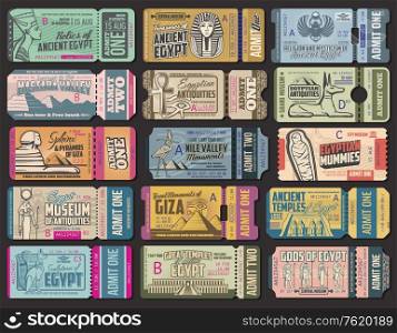 Ancient Egypt culture tickets to museum, antiquity shop or exhibitions. Vector vintage tickets with Egypt sphinx sightseeing, Giza pyramids tour or Pharaoh mummy history attractions travel trips. Egypt ancient culture tourist tour tickets