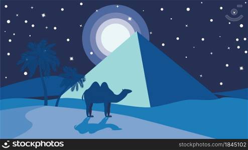 Ancient Egypt desert, night landscape with big pyramid illustration.