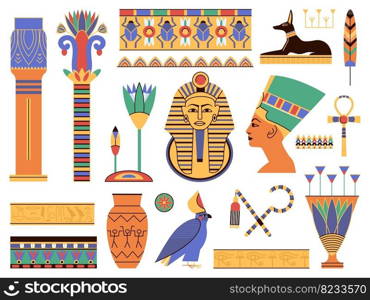 Ancient egypt elements. Egyptian landmark, monument ruins and sculpture. Ornamental decorative symbols, column and gold pharaon decent vector kit of pharaoh head and landmark ancient. Ancient egypt elements. Egyptian landmark, monument ruins and sculpture. Ornamental decorative symbols, column and gold pharaon decent vector kit