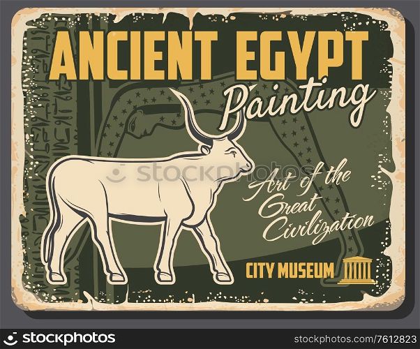 Ancient Egypt, god Apis or Hapis bull symbol, son of Hathor, primary deity in Egyptian civilization pantheon. Vector retro poster. Travel tour to historical ancient heritage museum. Ancient Egypt, god Apis or Hapis bull