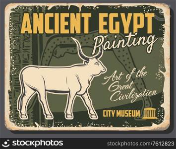 Ancient Egypt, god Apis or Hapis bull symbol, son of Hathor, primary deity in Egyptian civilization pantheon. Vector retro poster. Travel tour to historical ancient heritage museum. Ancient Egypt, god Apis or Hapis bull