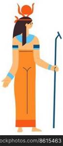 Ancient Egypt goddess or deity, female character queen or princess with symbol of power. Culture and history of old civilization, egyptian heritage and mythology. Vector in flat style illustration. Egyptian goddess, female character ancient egypt