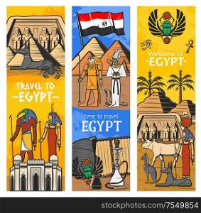 Ancient Egypt gods and landmarks, vector banners, Egypt travel and tourism sightseeing. Cairo pharaoh pyramids and sphinx, Egypt sacred animals, scarab symbol, Tutankhamen and Anubis with Osiris. Welcome to Ancient Egypt, travel landmark banners